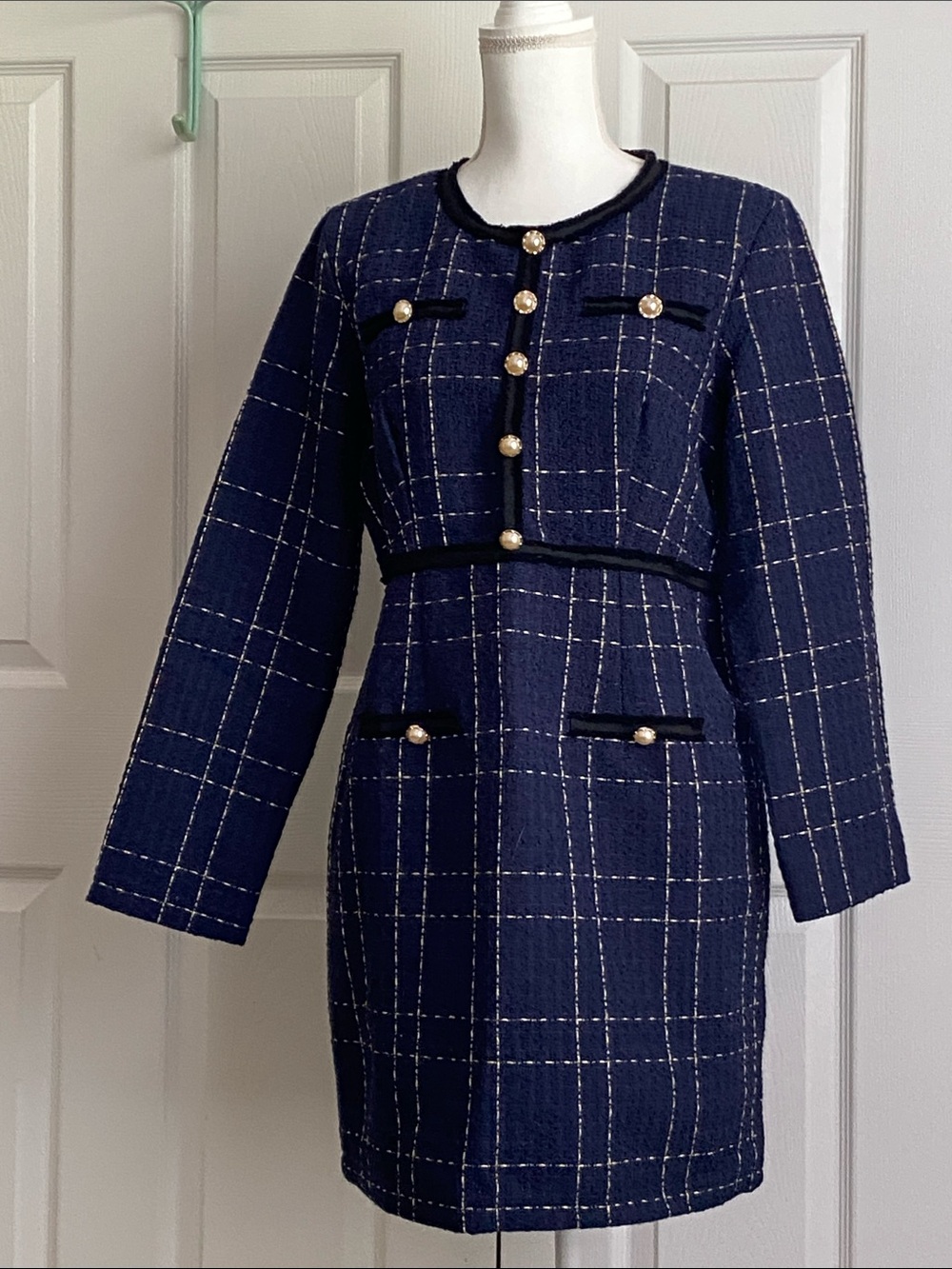 SHEIN Navy Plaid Tweed dress with faux pearl and Gold Buttons